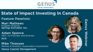 State of Impact Investing in Canada Webinar banner with Mike Thiessen Adam Spece, and Mary Mathews headshot