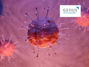 image of a virus on a pink background with Genus Capital Management's logo