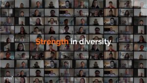 headshot images with the writing "Strength" in orange and "in diversity" in white