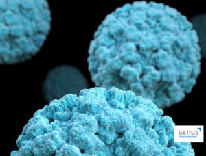 black background with 2 blue COVID-19 cells