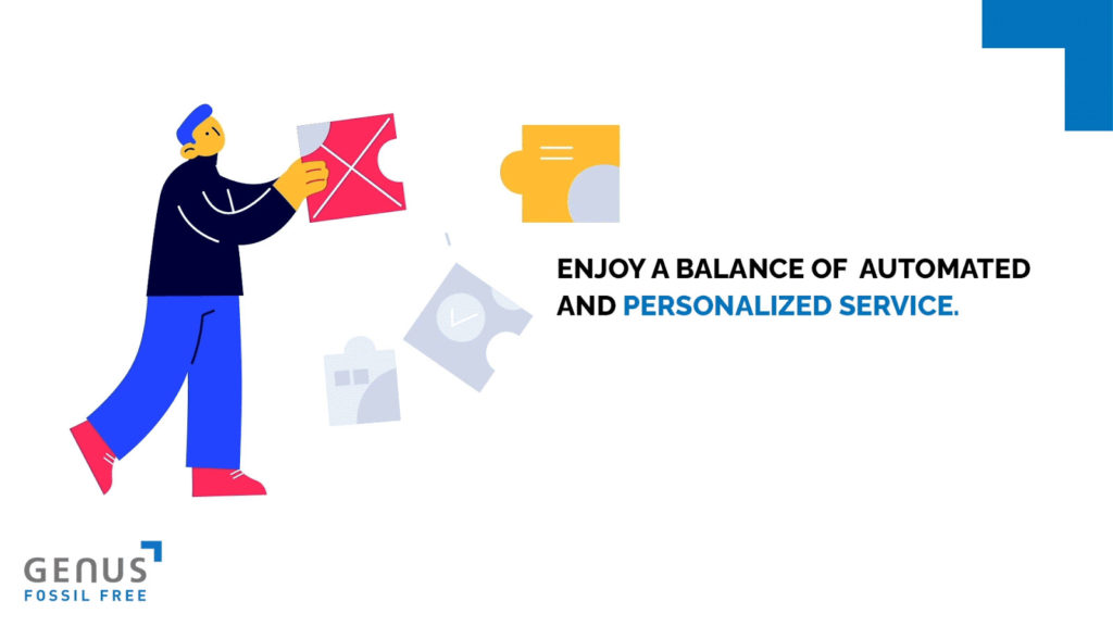 White background with the saying "enjoy balance of automated and personalized service." and cartoon man with puzzle