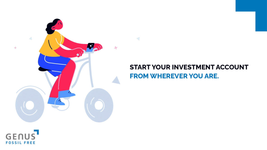 White background with the saying "Start your investment account from wherever you are." and woman cartoon on a bicycle