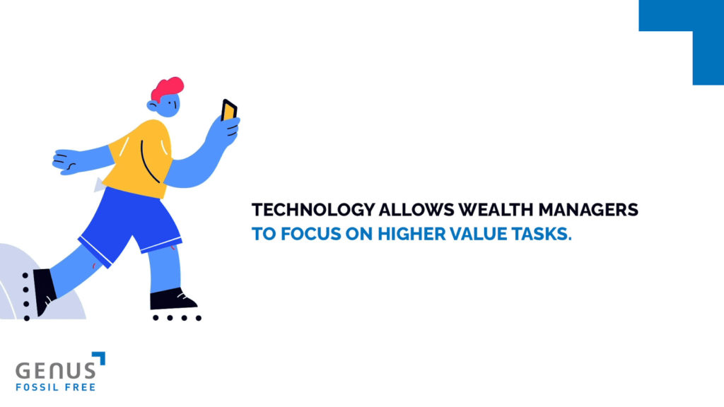 White background with the writing "Technology allows wealth managers to focus higher value tasks" and man cartoon with rollerblades and holding a mobile phone