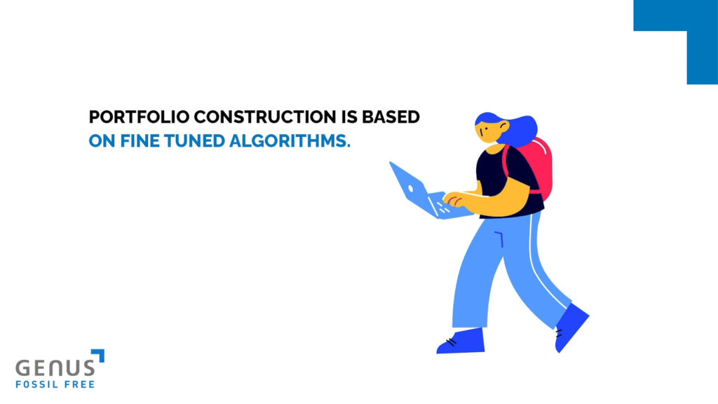 White background image saying "Portfolio construction is based on fine tune algorithms." with cartoon woman holding laptot