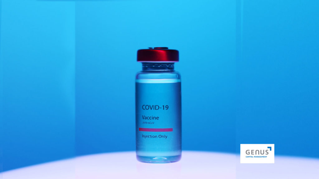 blue background with COVI-19 vaccine container in the middle on top of pink curve support