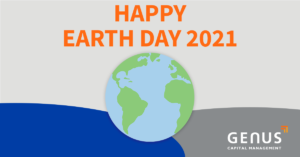 grey background with earth icon in the middle, with an orange title saying "Happy Earth Day 2021"
