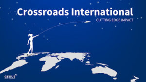 blue background with image of countries in white and a person on top pointing up, with the writing "Crossroads International"