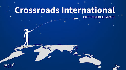 blue background with image of countries in white and a person on top pointing up, with the writing "Crossroads International"