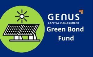 Blue background with green circular with solar panels in it, and on the right, Genus Capital Management's logo with the writing in white "Green Bond Fund"