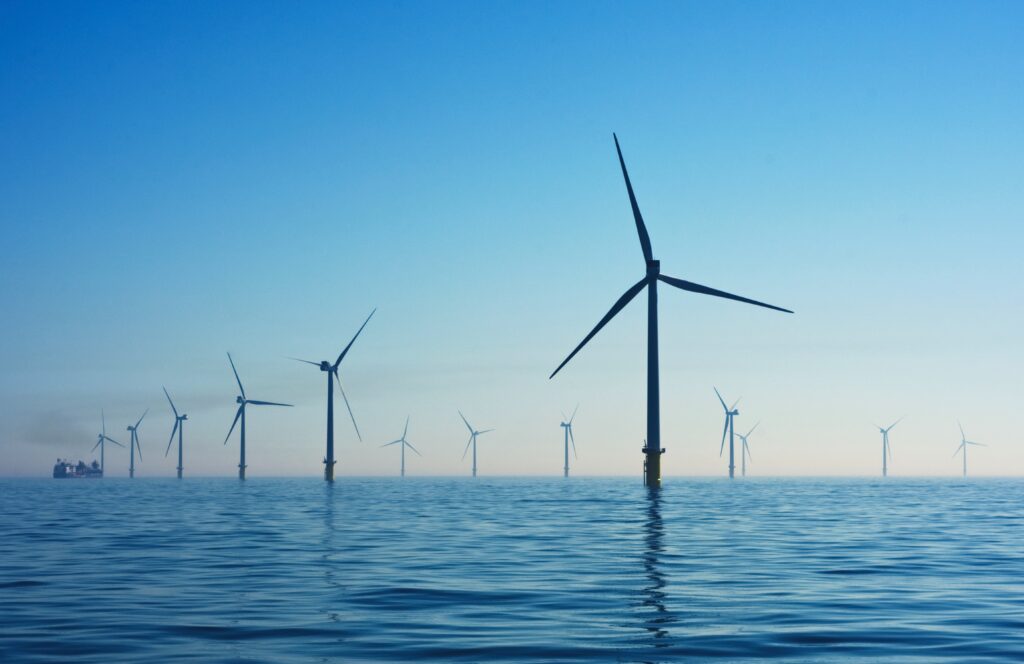 Wind turbines in the middle of an ocean