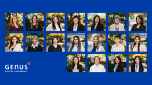 a graphic with headshots of women who work at Genus over a blue background with Genus logo